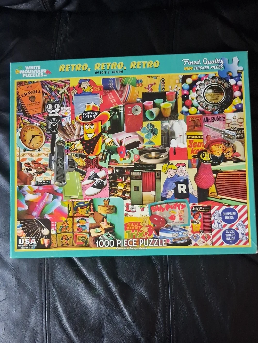 White Mountain Retro 1000-Piece Puzzle - Teal Border with Multicolor Collage